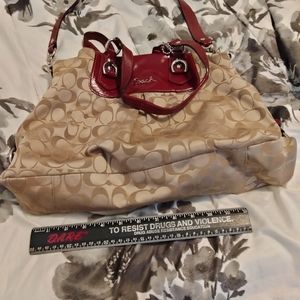 Beige and Burgundy coach handbags